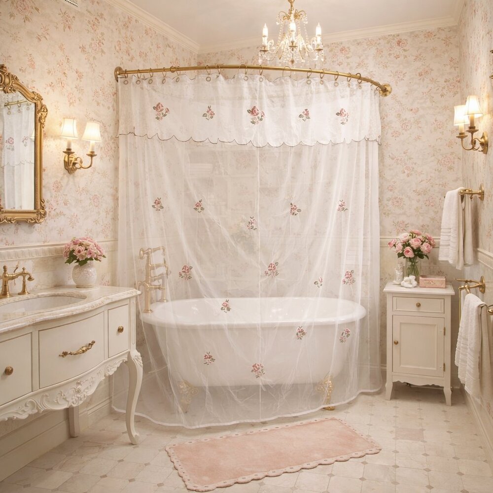 Vintage Sheer White Floral Embroidered Curtain Panel Shower Curtain 68x69”80s